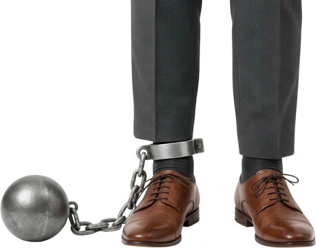 Close up view of a person's legs wearing formal trousers brown leather shoes and a metal ball and chain attached to one ankle 179 characters debt restriction limitation burden