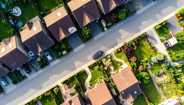 Suburban aerial view shows houses with brown roofs, green lawns and a grey street with a car