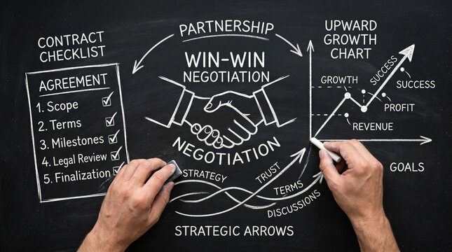 Strategic Diagram about negotiation, win-win agreement, teamwork and business