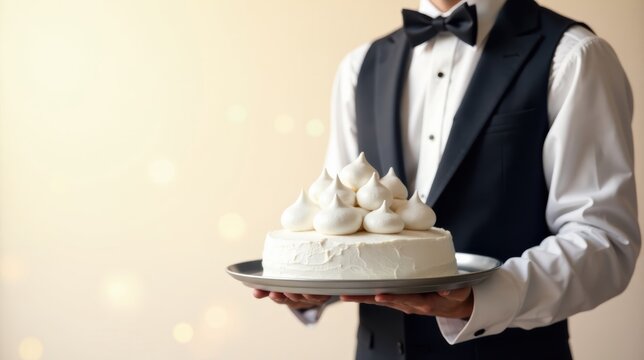 Elegant Waiter Presenting a Delicate White Cake Adorned with Meringue Kisses on a Silver Platter