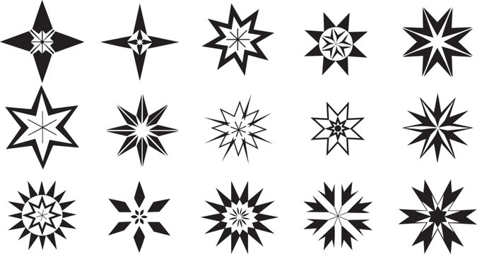 Abstract Black Star Shape Icon Set Vector Illustration for Tattoo Design and Decorative Symbol Collection
