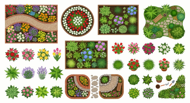 garden landscape elements top view vector illustration on white background