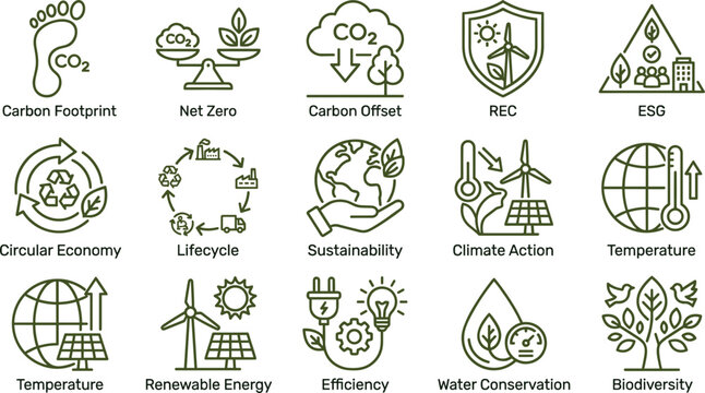 Green Outline ESG and Sustainability Icon Set Vector Collection with Carbon Footprint Net Zero Circular Economy Climate Action Renewable Energy and Biodiversity Symbols