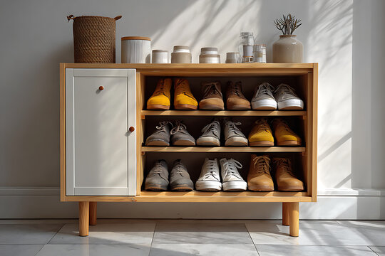 A wooden shoe cabinet with a white door and various shoes on transparent background