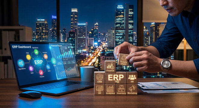 business professional stacking wooden blocks with erp icons for strategic management and corporate foundation