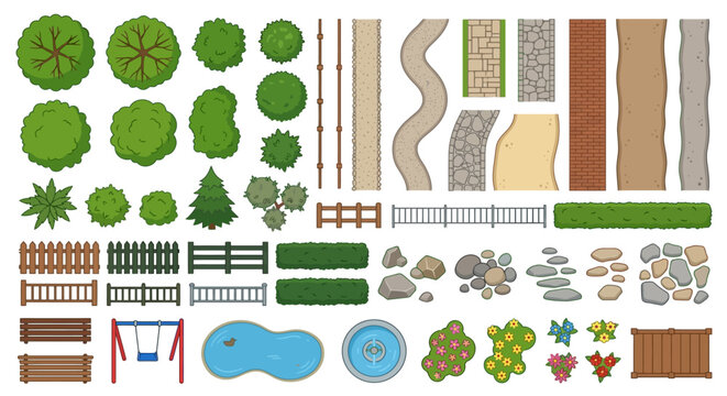 park elements set top down view vector illustration on white background