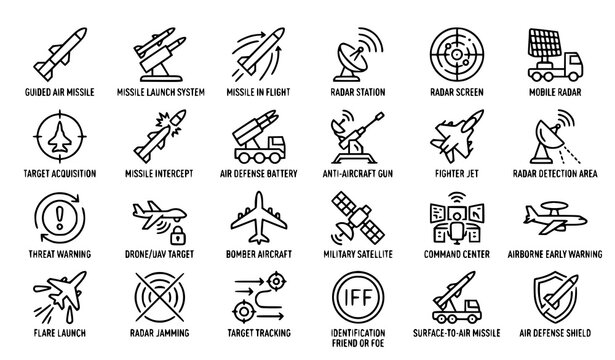 Air missile defense icon set featuring radar systems interceptors rockets military shields anti aircraft battery and aerospace national security symbols