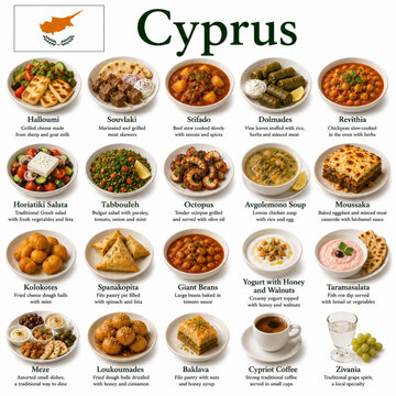  En la imagen se presentan los platos m&aacute;s famosos de la cocina chipriota como halloumi, souvlaki, dolmades y loukoumades, representando sabores mediterr&aacute;neos y recetas tradicionales de Chipre.
