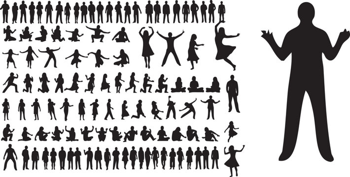 Human silhouettes collection illustration, standing walking dancing poses, gesture variety concept, expressive body language design, flat vector illustration