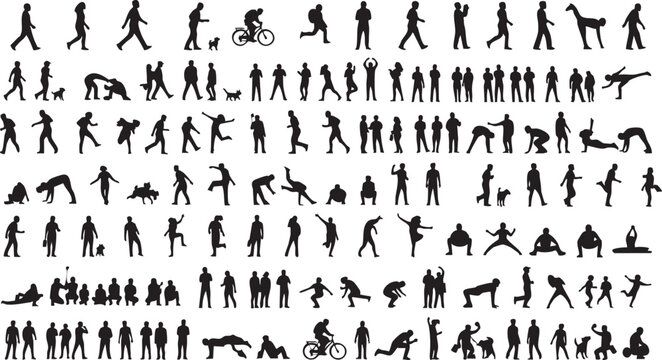 Human activity silhouettes collection, walking running cycling poses, diverse lifestyle actions, interaction with dogs concept, flat vector illustration