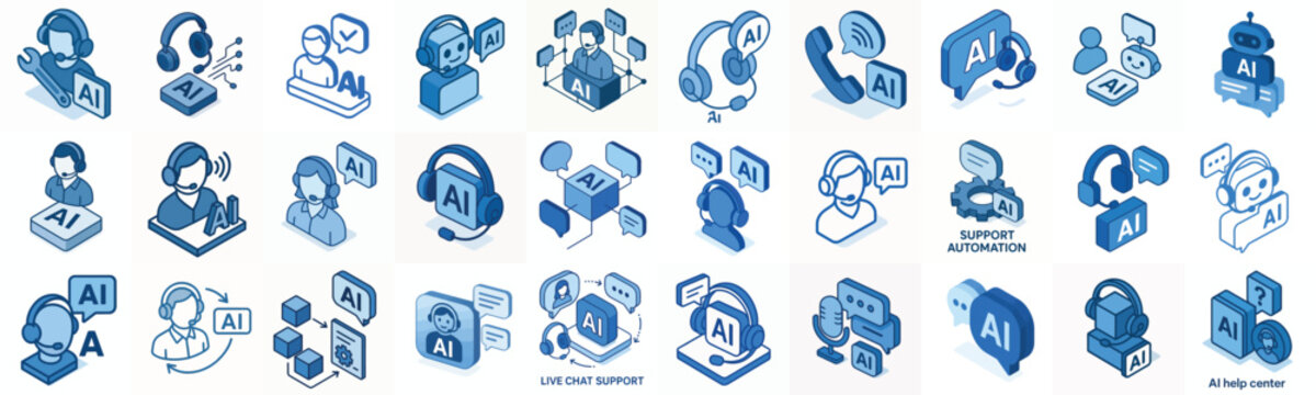 isometric vector icon AI customer service blue color dominant