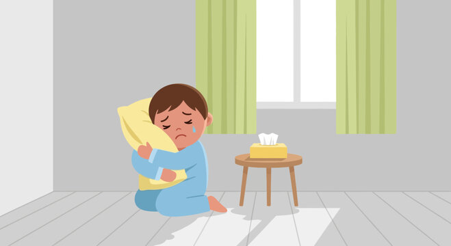A Young Child Expressing Sadness and Comforted by a Pillow in a Room Setting
