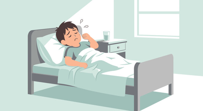 A Young Boy Recovering in Bed Feeling Sick And Suffering From An Illness