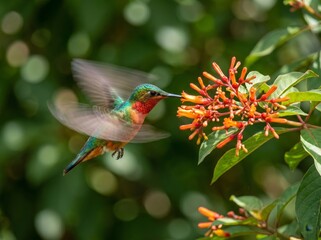Fototapeta premium Hummingbird in flight feeding on vibrant orange flowers in a lush green garden.