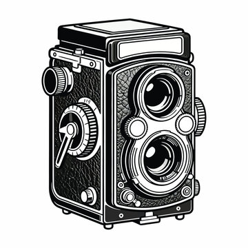 Vintage Twin Lens Reflex Camera Vector Illustration with detailed retro photography design, classic analog camera equipment in monochrome style isolated for technology, photography, and media themes.