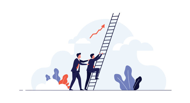Two professional colleagues work together to help each other climb a very tall ladder reaching for an upward growth arrow.