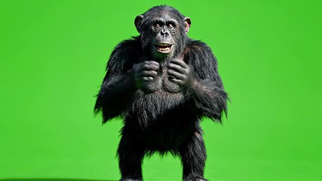 Chimpanzee on green screen laughing cheering