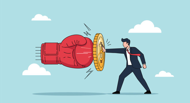 Determined businessman in a suit punching a giant red boxing glove using a large gold bitcoin coin as a shield to protect his crypto investment.