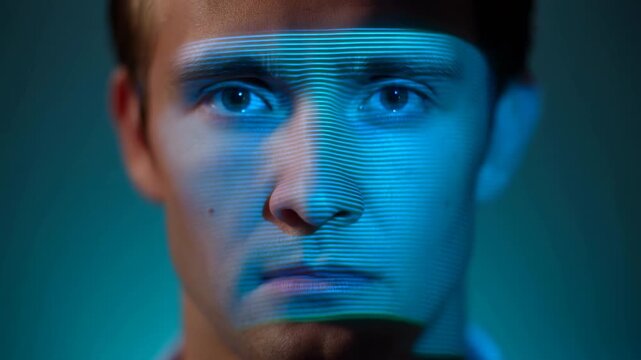 Detailed View Of Individual Under Luminous Blue Illumination Amid Automated Identity Confirmation Sequence