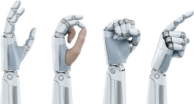 Four robotic hands in various gestures including a pointing finger and a pincer like grip showcasing advanced cybernetic technology and future capabilities robot hand artificial intelligence