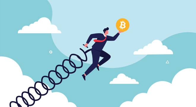 Dynamic businessman jumping off giant spring while holding golden bitcoin coin towards future digital wealth.