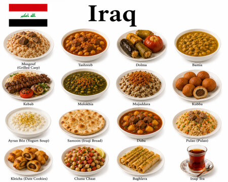 En la imagen se muestran los platos m&aacute;s famosos de la cocina iraqu&iacute; como masgouf, dolma, kebab y kleicha, destacando sabores tradicionales y recetas aut&eacute;nticas de Irak.
