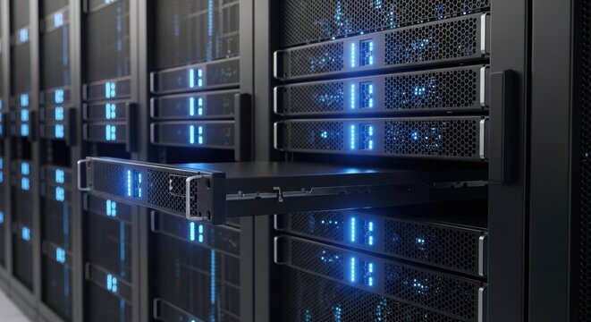Modern server room with rack mounted hardware and glowing blue lights