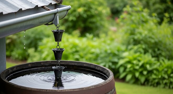 Decorative black metal rain chain hanging from gutter above wooden water butt in lush green garden.