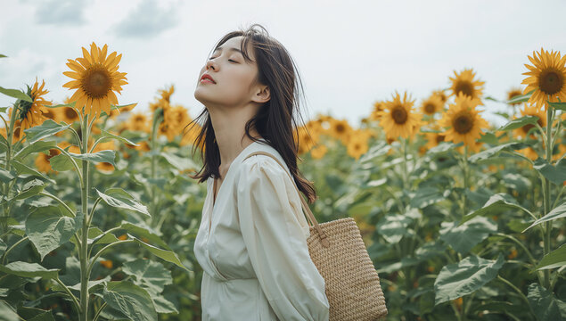 夏の旅先のひまわり畑で目を閉じる日本人女性、心地よい風を感じる自然写真