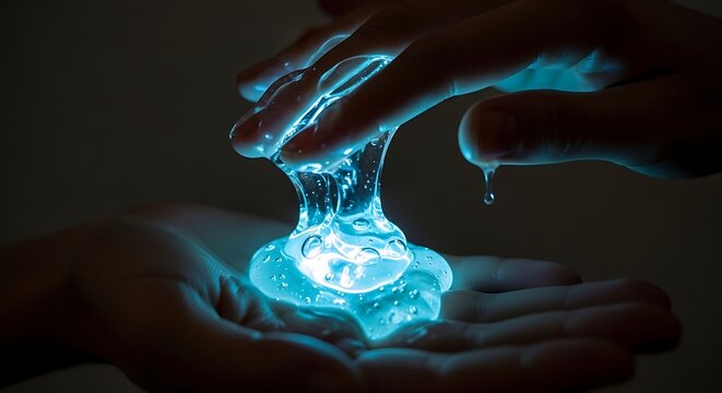 Close-up of glowing blue slime being squeezed between two hands, creating a mesmerizing and otherworldly effect
