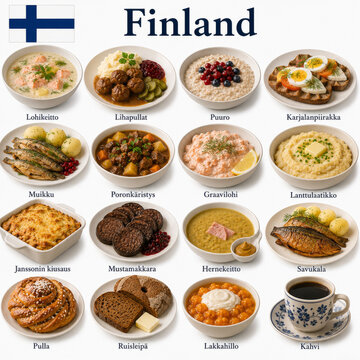  En la imagen se muestran los platos m&aacute;s famosos de la cocina finlandesa como lohikeitto, karjalanpiirakka, lihapullat y pulla, representando sabores tradicionales y recetas t&iacute;picas de Finlandia.
