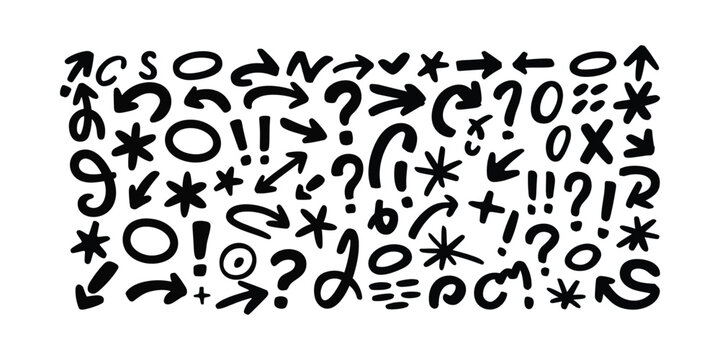 Black handwritten style punctuation marks and symbols vector illustration isolated on white background