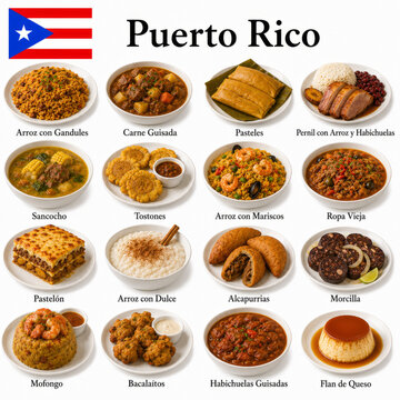  En la imagen se presentan los platos m&aacute;s famosos de la cocina puertorrique&ntilde;a como arroz con gandules, pernil, mofongo y pasteles, representando la rica tradici&oacute;n gastron&oacute;mica de Puerto Rico.
