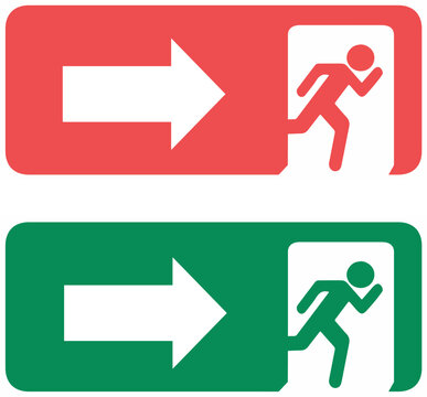 Illustrazione vettoriale di cartelli per uscite di emergenza verdi e rossi con simboli di sicurezza e direzione. Ideale per segnaletica, edifici pubblici, sicurezza sul lavoro e design informativo.