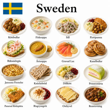  En la imagen se muestran los platos m&aacute;s famosos de la cocina sueca como k&ouml;ttbullar, gravlax, kanelbullar y sm&ouml;rg&aring;st&aring;rta, destacando sabores escandinavos tradicionales.
