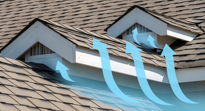 Roof ventilation system demonstration with blue airflow arrows moving through white attic gable vents.