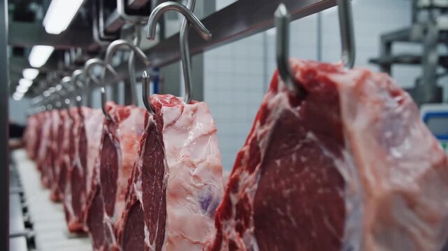 This shows a meat processing plant where rows of raw beef carcasses are hanging from hooks on a conveyor belt in a modern industrial facility with machinery and equipment in the background.