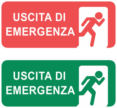 Illustrazione vettoriale di cartelli per uscite di emergenza verdi e rossi con simboli di sicurezza e direzione. Ideale per segnaletica, edifici pubblici, sicurezza sul lavoro e design informativo.