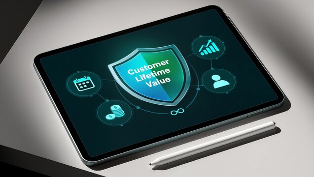 Digital tablet screen displaying customer lifetime value concept with business icons and shield symbol