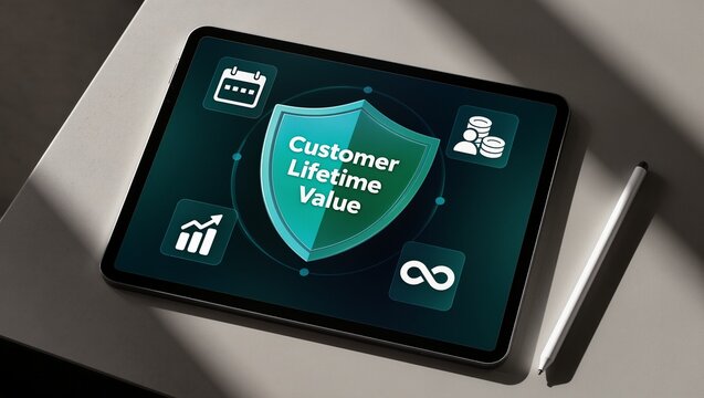 Tablet screen showing customer lifetime value concept with shield and business icons in modern digital design