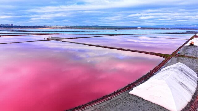 Aerial perspective of curved dikes and mounds of harvested salt surrounded by deep pink water in evaporation basins. Curved white salt heaps and pink ponds in Bulgaria.