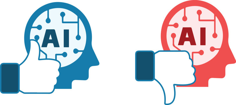 Illustrazione vettoriale di icone con mano che indica s&igrave; e no, simbolo di approvazione e rifiuto nei sistemi di intelligenza artificiale e decisione automatizzata. Ideale per UI, AI, feedback e interf