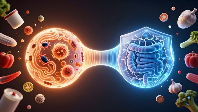 Gut Probiotic and Immune System Link Medical Concept Illustration