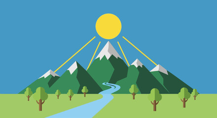Flat design nature landscape illustration with mountains, sun, and river © Victoria