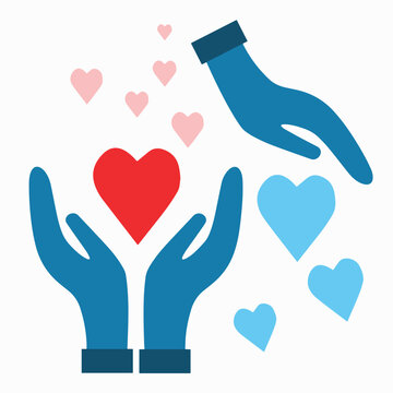 Illustrazione vettoriale di mani aperte che accolgono cuori provenienti dall&rsquo;alto, simbolo di amore, cura, generosit&agrave; e connessione emotiva. Ideale per temi romantici, solidariet&agrave; e benessere.
