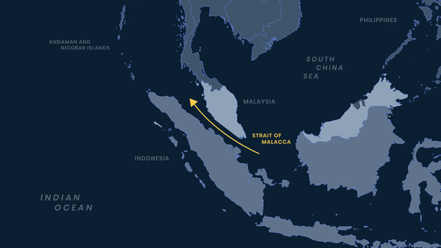 Map Highlighting Strait Of Malacca With Yellow Arrow Line Showing Strategic Maritime Trade Route JPG