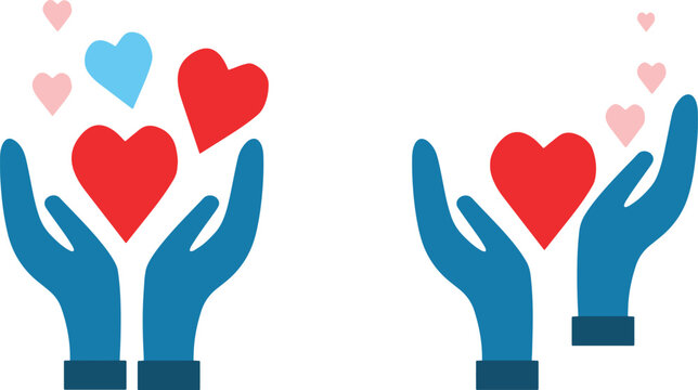 Illustrazione vettoriale di mani aperte che accolgono cuori provenienti dall&rsquo;alto, simbolo di amore, cura, generosit&agrave; e connessione emotiva. Ideale per temi romantici, solidariet&agrave; e benessere.