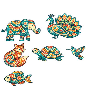 Indian folk art animal collection, traditional paisley patterned elephant and peacock vectors, ethnic floral mandala turtle and fox illustrations