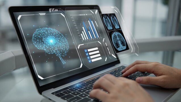 Hands typing on laptop with futuristic digital brain scan and medical data visualization interface