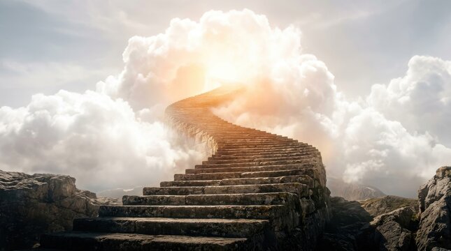 A winding stone staircase gracefully ascends through ethereal clouds towards a brilliant, radiant golden light, symbolizing a spiritual journey, hope, and the ultimate path